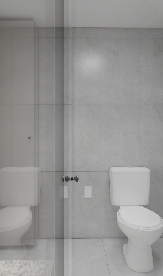 Render 3D de banheiro compacto com revestimento cinza, vaso sanitário branco, box de vidro e toalheiro metálico escuro