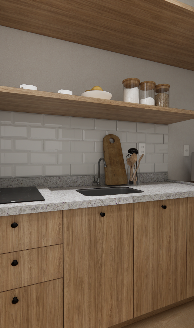 Render 3D de cozinha compacta com marcenaria em tom madeira, bancada de granilite, azulejo tipo metrô e prateleiras abertas