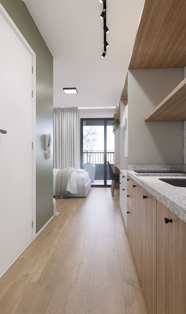 Render 3D de cozinha linear em apartamento compacto com marcenaria em madeira, bancada em granilite e parede verde oliva