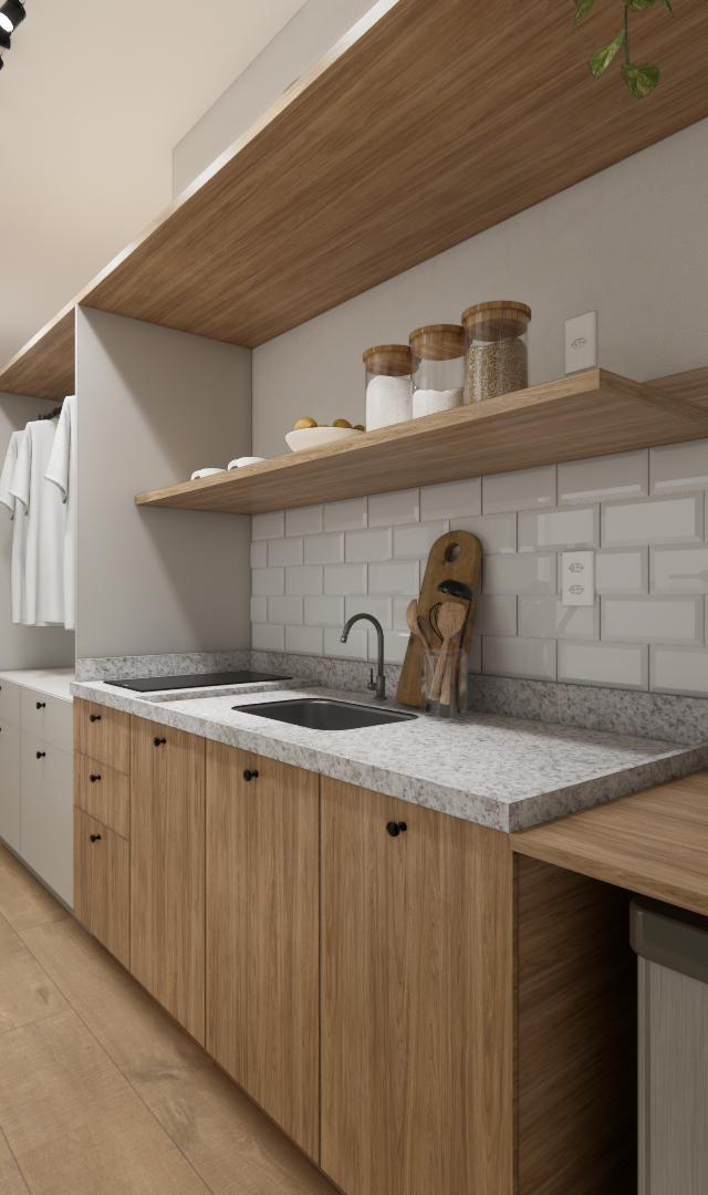 Render 3D de cozinha compacta com marcenaria em madeira, bancada clara, revestimento tipo tijolinho e iluminação de trilho
