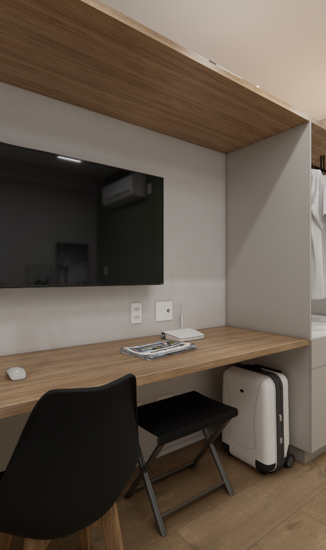 Render 3D de estúdio com bancada de madeira, tv, armários em tons cinza e madeira, cadeiras pretas e iluminação em trilho
