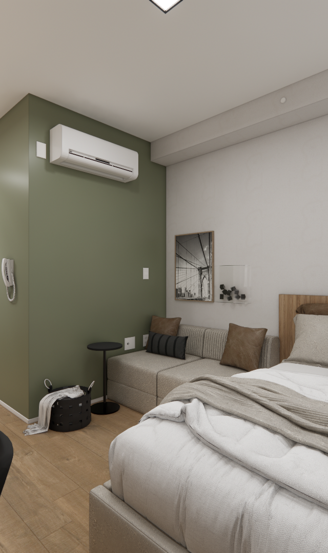 Render 3D de quarto pequeno com parede verde, cama com cabeceira de madeira, sofá cinza e iluminação por trilho no teto