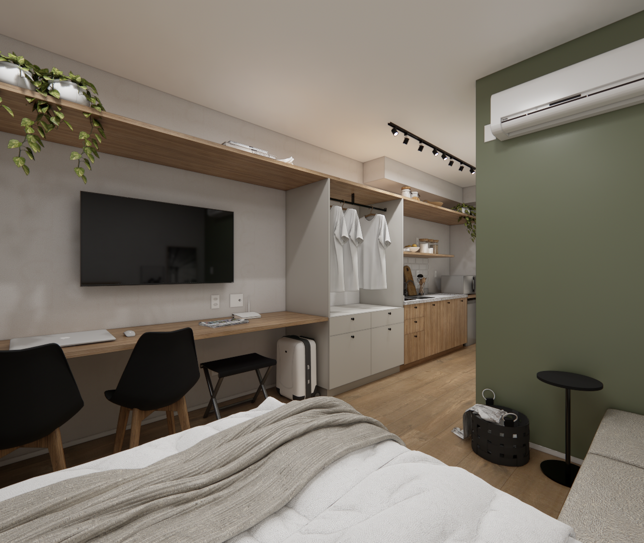 Render 3D de estúdio com marcenaria em madeira e cinza, parede verde, mesa, guarda-roupa aberto, iluminação em trilho
