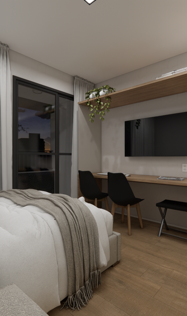 Render 3D de quarto compacto com cama, marcenaria em madeira clara, mesa de trabalho e arara em tons neutros e iluminação