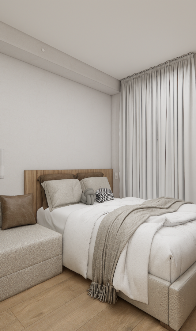 Render 3D de quarto pequeno com cama, sofá bege, mesa de madeira, tons neutros, iluminação suave e vista para varanda