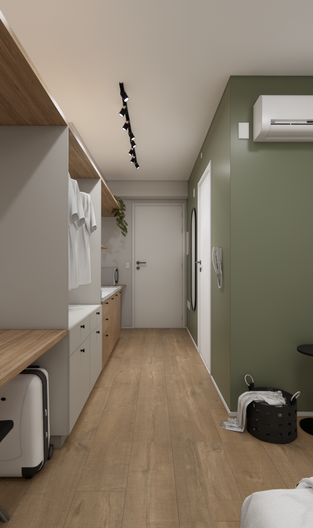 Render 3D de apartamento compacto com parede verde, bancada de madeira, sofá cinza, marcenaria planejada e iluminação em trilho