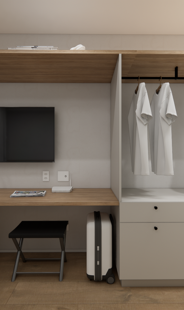 Render 3D de estúdio em SP com marcenaria em madeira e bege, mesa de trabalho, arara de roupas, TV e cozinha compacta