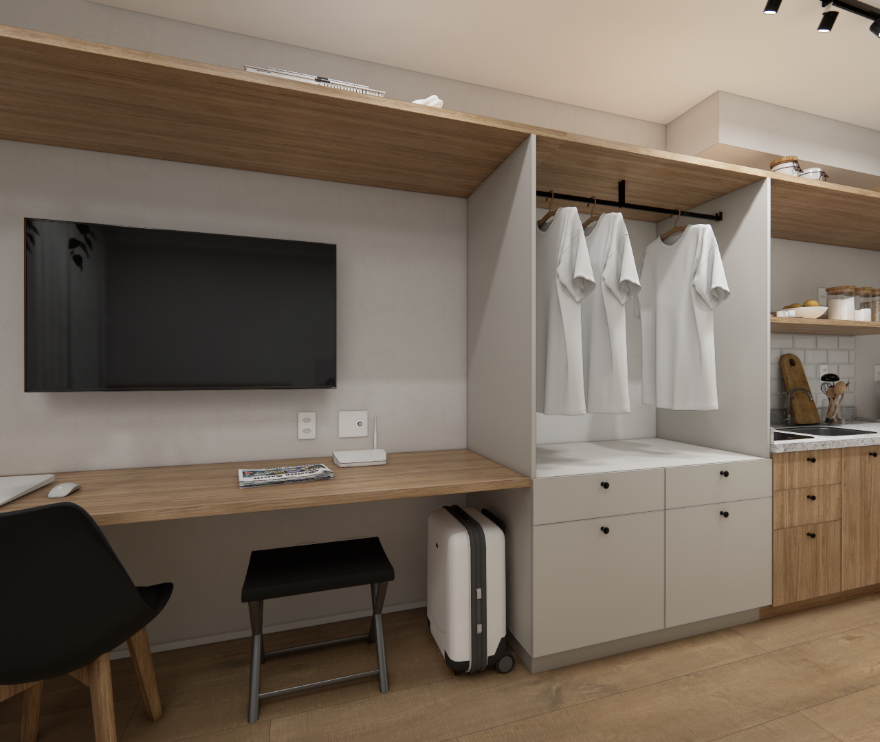 Render 3D de estúdio Pompéia: marcenaria em tons de madeira e cinza, bancada, TV, guarda-roupa aberto e cozinha compacta