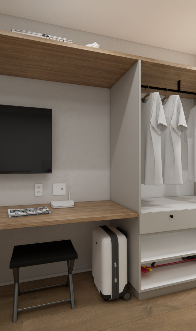 Render 3D de estúdio com marcenaria em madeira e cinza, bancada de trabalho, guarda-roupa aberto, cozinha e iluminação spot
