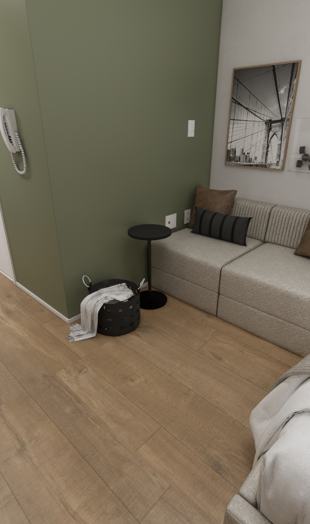Render 3D de estúdio de 28m² com parede verde, sofá cinza, cama com cabeceira de madeira e piso amadeirado em tons neutros