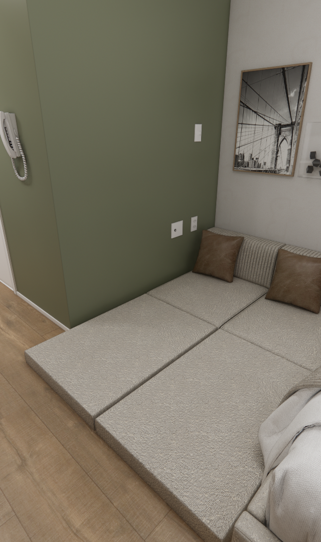 Render 3D de quarto compacto em tons de verde, madeira e cinza com cama, futon no chão e armários brancos