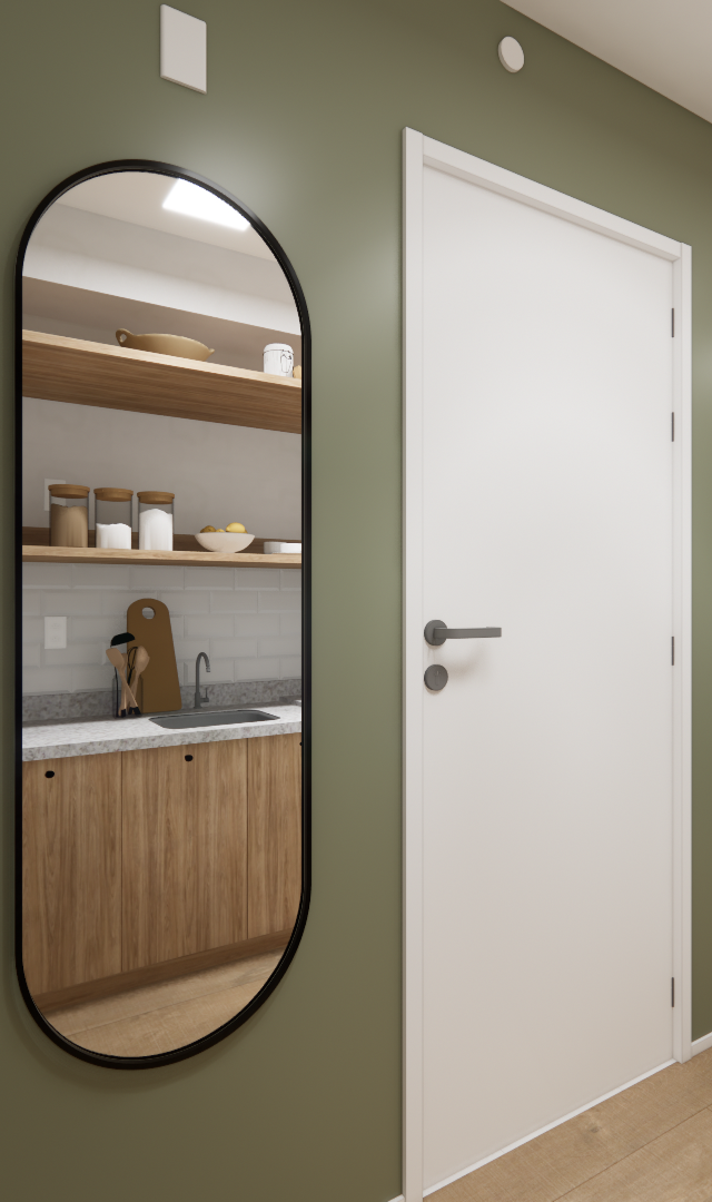 Render 3D de corredor com parede verde, espelho oval e porta branca, refletindo cozinha de madeira e piso amadeirado