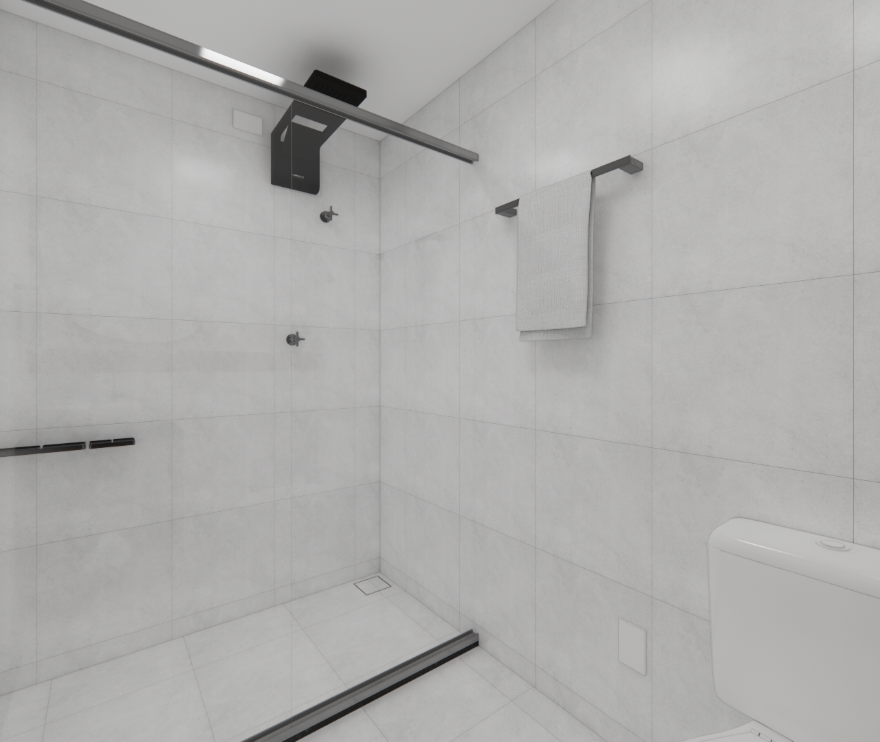 Render 3D de banheiro moderno em tons de cinza claro com box de vidro, metais pretos e revestimento retificado