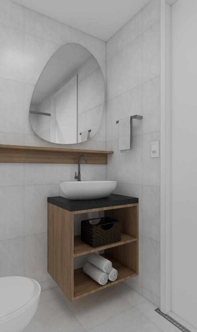 Render 3D de banheiro compacto: paredes cinza, marcenaria em madeira, bancada preta, cuba de apoio e espelho orgânico