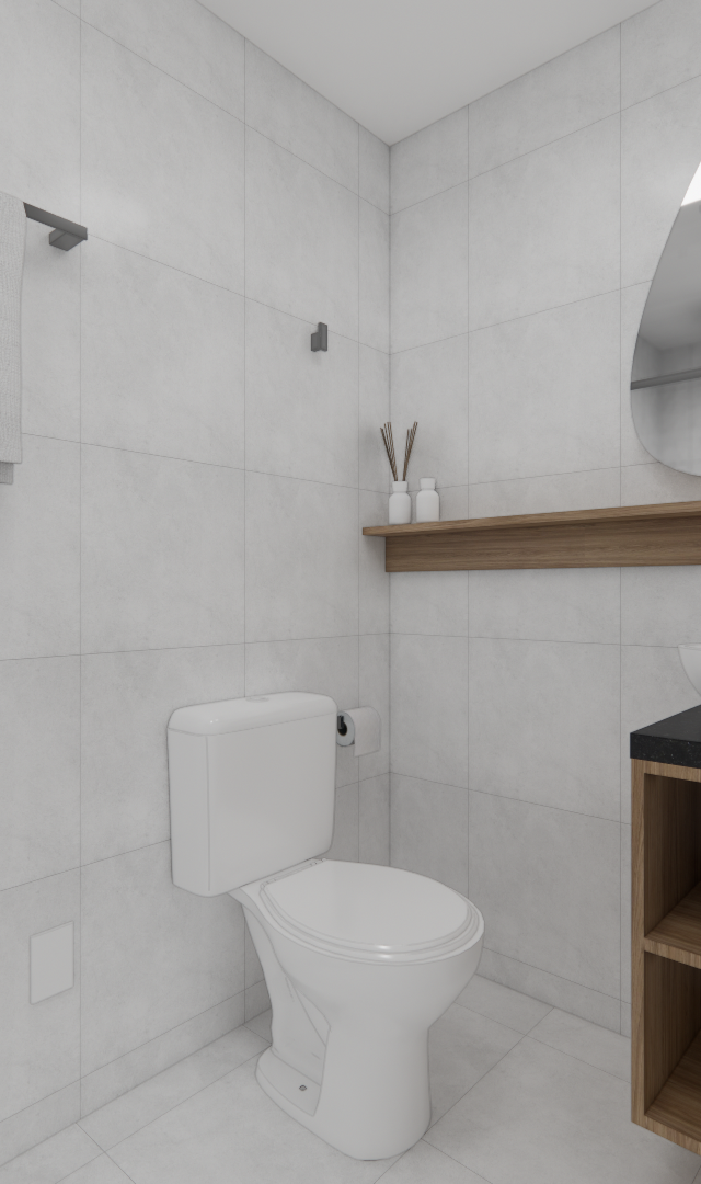 Render 3D de banheiro compacto no Pompéia com revestimento cinza, bancada em madeira e pedra preta, espelho orgânico e vaso