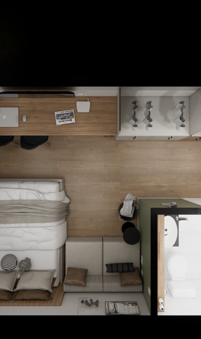 Planta baixa 3D de studio 28m² com marcenaria em madeira, piso amadeirado, cozinha compacta, cama, sofá e banheiro moderno