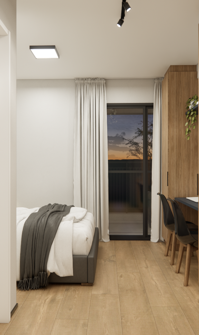 Render 3D de estúdio em LC - GALLERIA SP com marcenaria em madeira e cinza, piso amadeirado, cozinha e quarto integrados