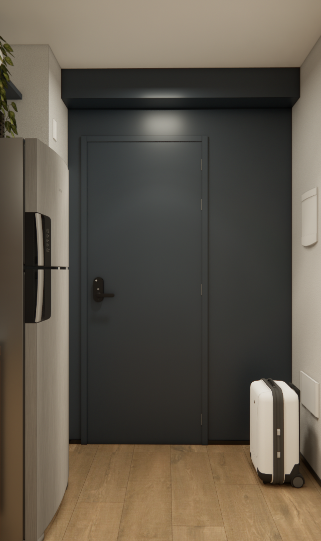 Render 3D de cozinha compacta LC - GALLERIA SP com marcenaria azul e amadeirada, bancada em granito e espelho oval vertical