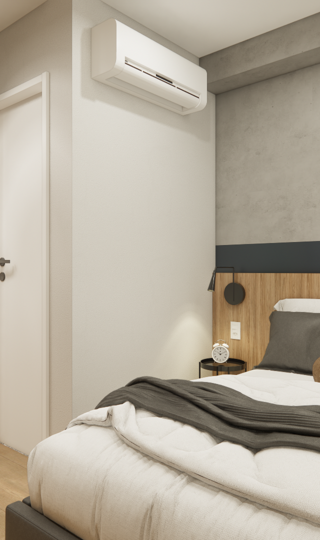 Render 3D de quarto no LC GALLERIA SP, tons de cinza e madeira, parede de cimento queimado, cabeceira amadeirada e mapa SP