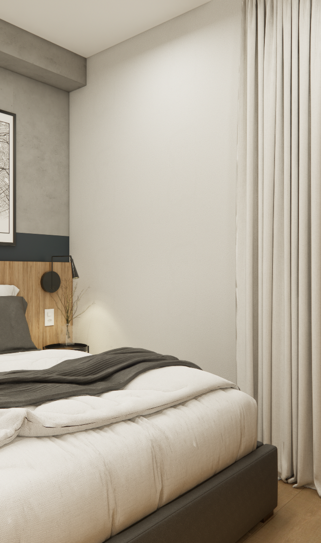 Render 3D de quarto no LC GALLERIA SP com painel de madeira, parede em cimento queimado, cama cinza e vista para varanda