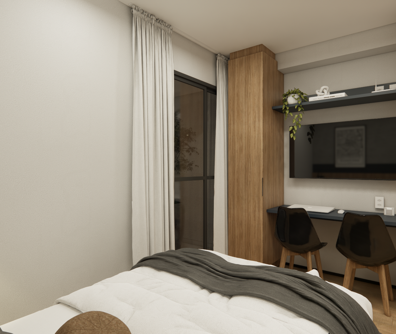 Render 3D de quarto LC - GALLERIA SP com marcenaria em madeira, bancada e prateleira cinza, cadeiras escuras e tons neutros