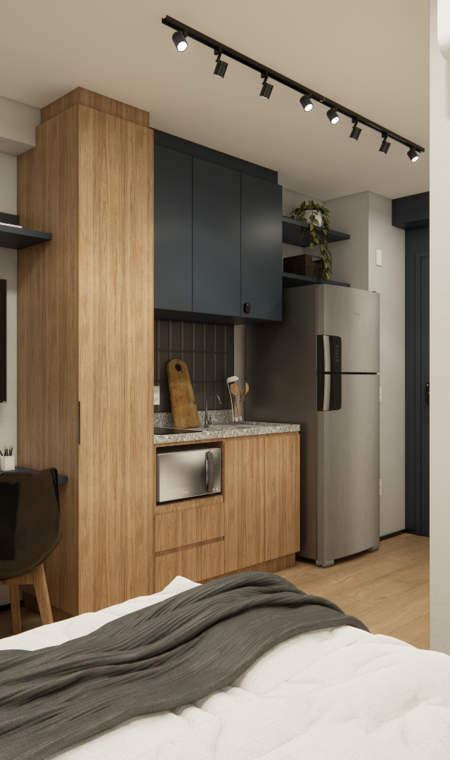 Render 3D de estúdio com marcenaria em madeira e azul, bancada de trabalho, cozinha compacta e iluminação por trilho preto