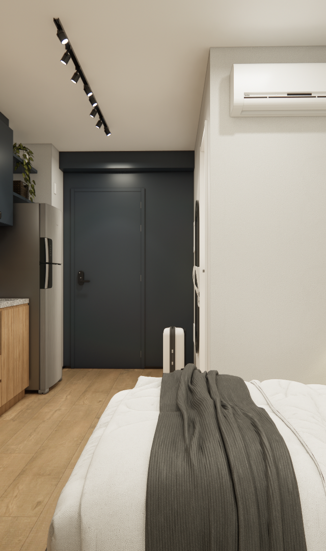 Render 3D de estúdio LC - GALLERIA SP com tons de madeira, cinza e azul, cama, bancada de trabalho e cozinha compacta