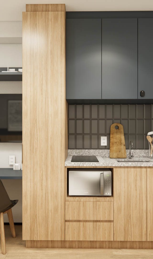 Render 3D de cozinha compacta no LC - GALLERIA SP com marcenaria em madeira e grafite, bancada em granito e eletrodomésticos