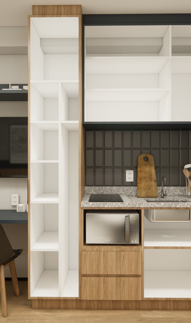 Render 3D de estúdio compacto LC GALLERIA SP com marcenaria em tons de madeira e cinza, bancada granito e móveis modernos