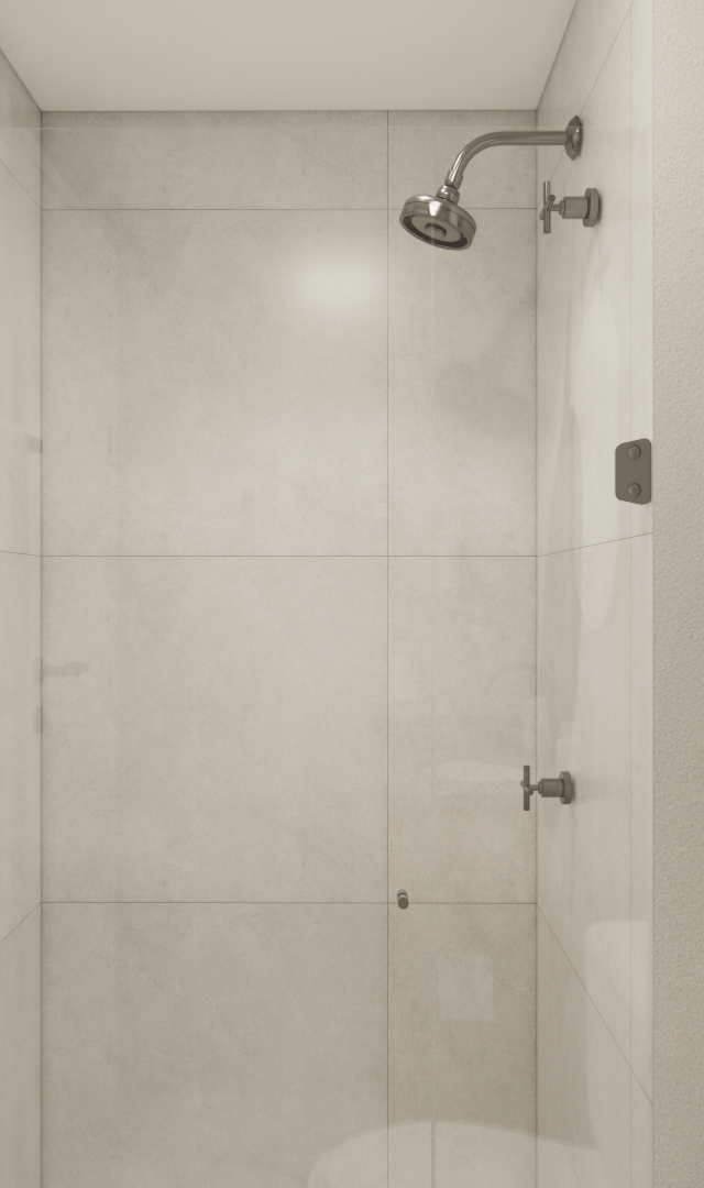 Render 3D de banheiro no LC - GALLERIA SP com revestimentos cinza, ducha metálica, porta-toalha e iluminação suave e difusa