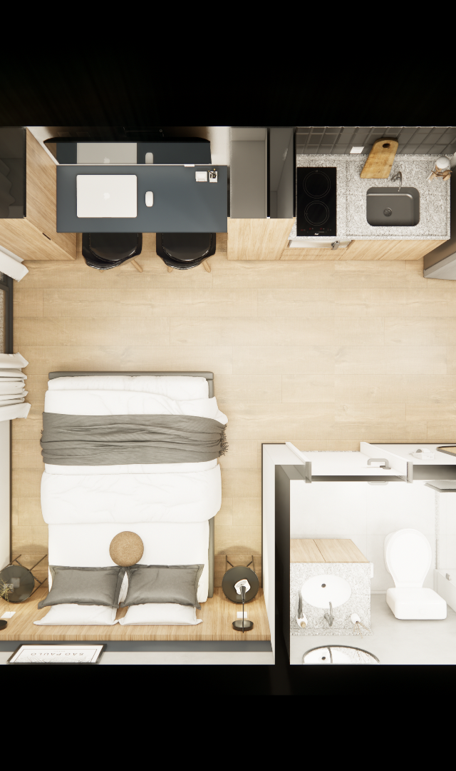 Planta baixa 3D de studio LC - GALLERIA SP com cozinha integrada, cama, varanda e banheiro em tons de madeira e cinza