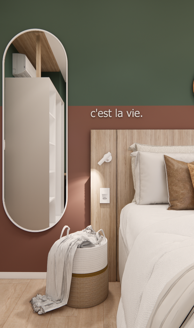 Render 3D de quarto LB - GALERIA SP, parede verde e terracota, cabeceira amadeirada, espelho oval, decoração em palha