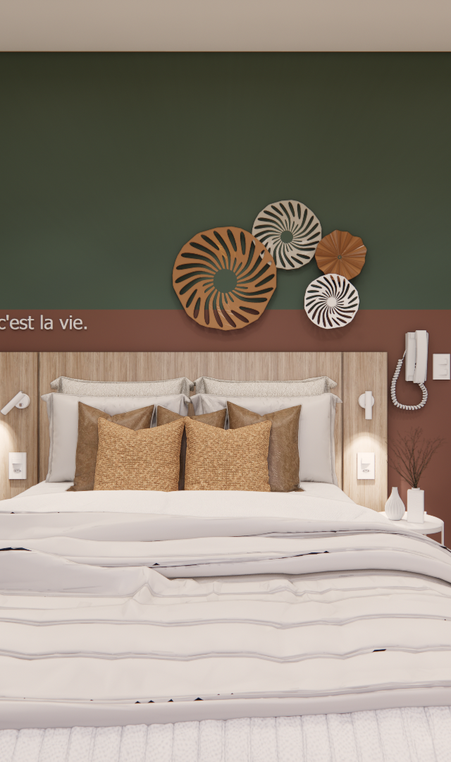 Render 3D de quarto: cama com cabeceira de madeira, paredes em verde e terracota, espelho orgânico e decoração de parede