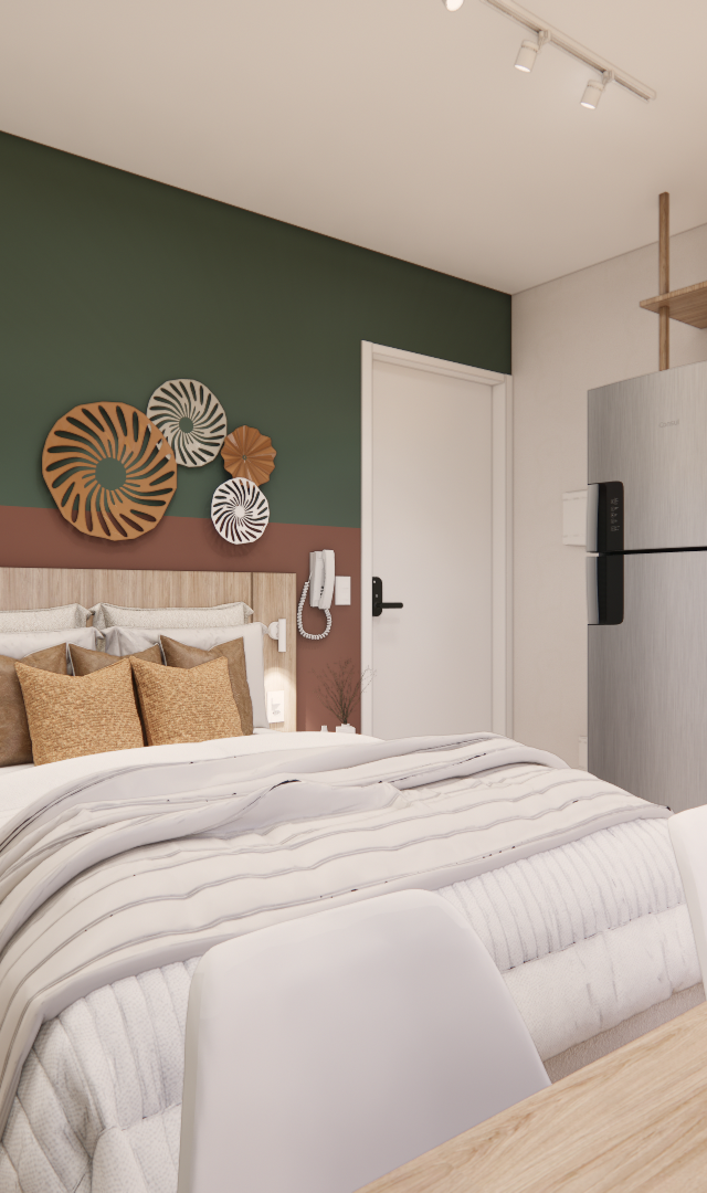 Render 3D de estúdio em Vila Buarque com parede verde e terracota, cama, espelho orgânico e cozinha integrada em madeira