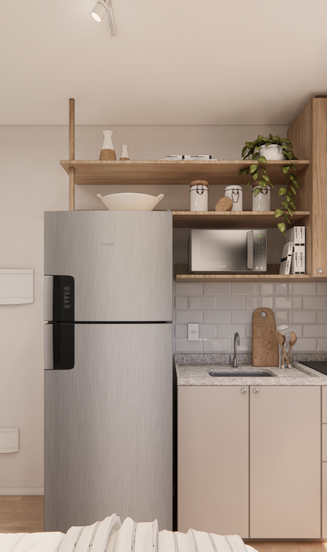 Render 3D de cozinha compacta, armários em madeira e bege, geladeira inox, bancada em granito e parede com tijolinhos
