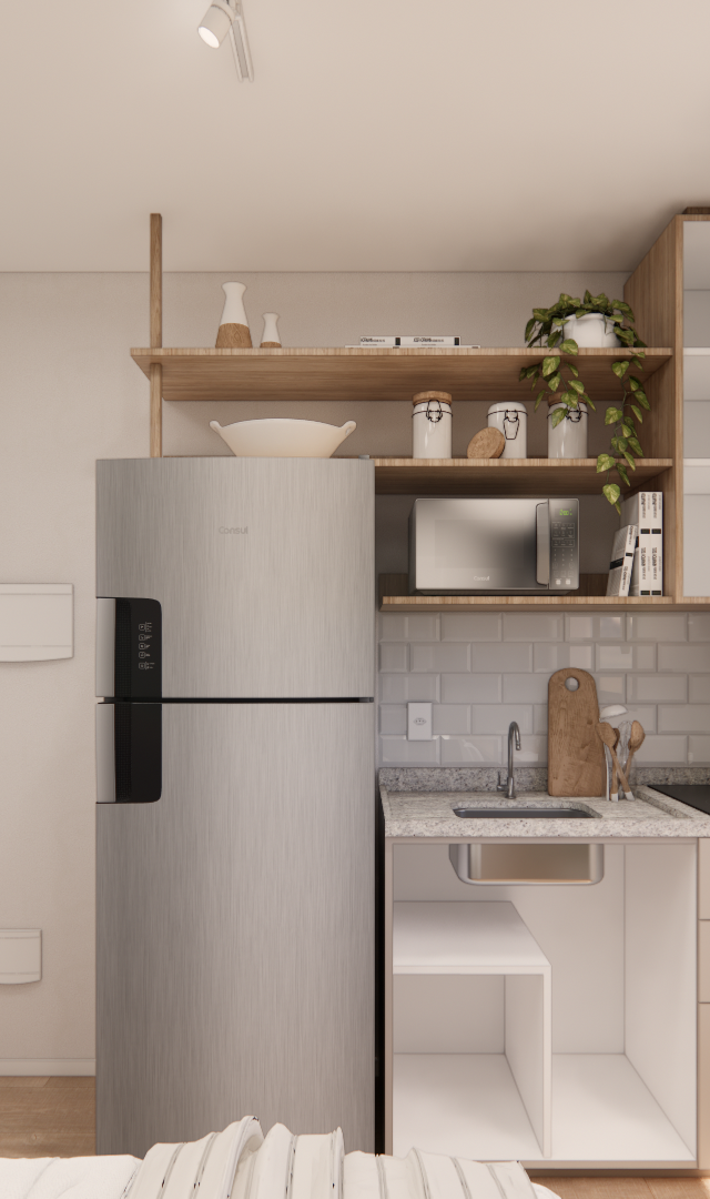 Render 3D de cozinha compacta LB - GALERIA SP com marcenaria em madeira e bege, geladeira inox e parede verde e terracota