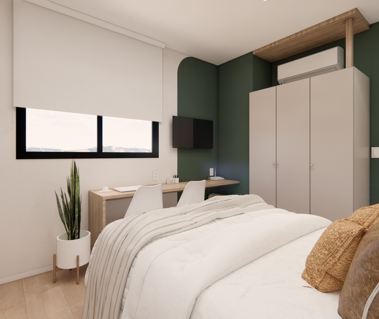 Render 3D de quarto em SP com cama, bancada de madeira, armário cinza e parede em tom verde escuro sob luz natural