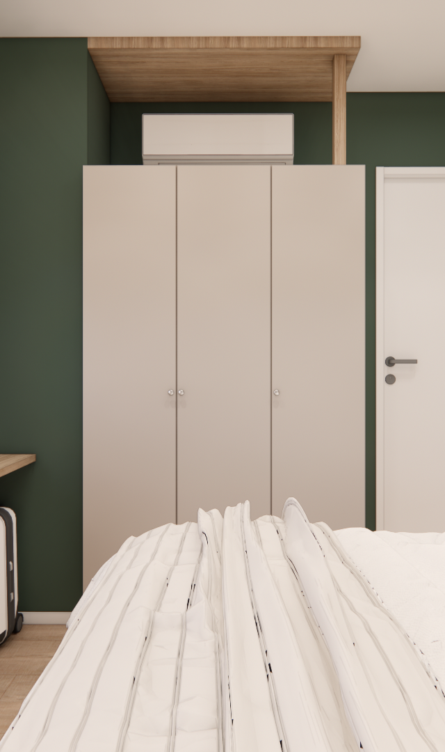 Render 3D de quarto LB - GALERIA SP com parede verde, armário bege, bancada de madeira, espelho oval e iluminação suave