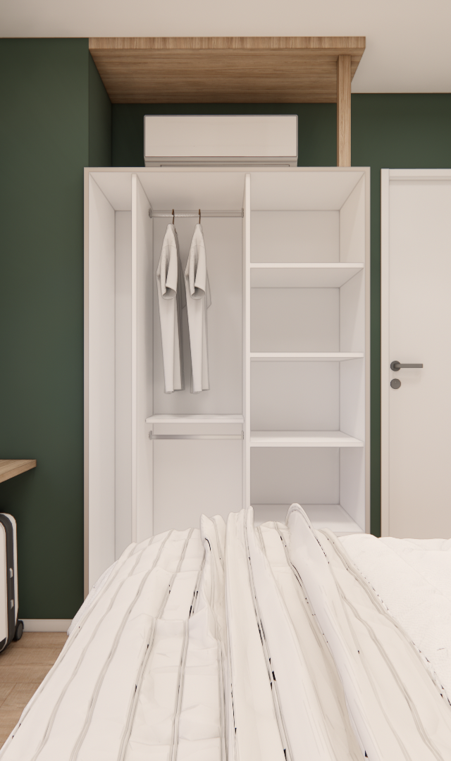 Render 3D de quarto LB - GALERIA SP com paredes verdes, escrivaninha de madeira, guarda-roupa branco e cama com almofadas