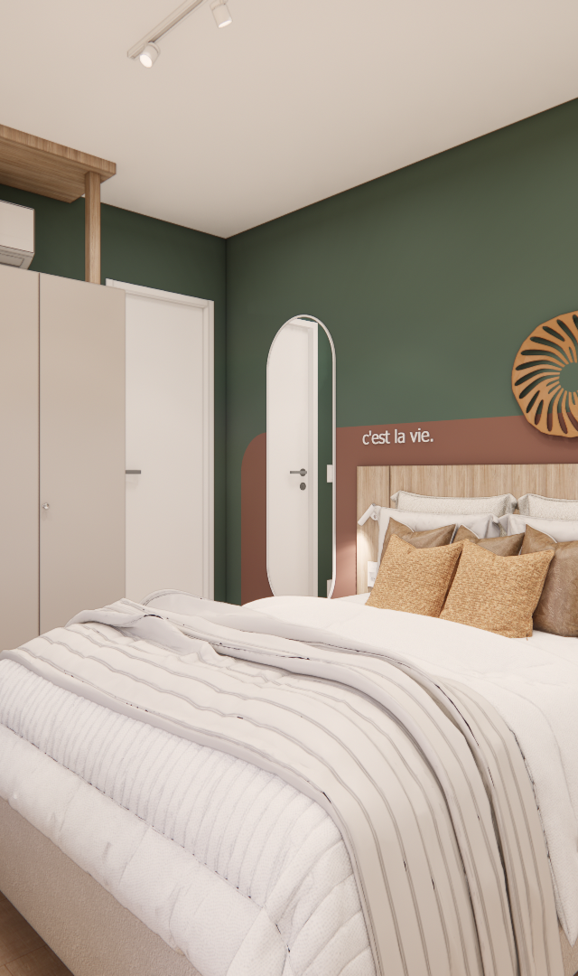Render 3D de quarto LB - GALERIA SP com parede verde e terracota, cama, mesa de madeira, armário bege e decoração circular