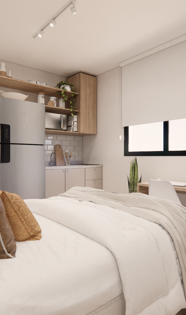 Render 3D de estúdio em Vila Buarque com cama, cozinha compacta, marcenaria em madeira e parede em tom verde escuro