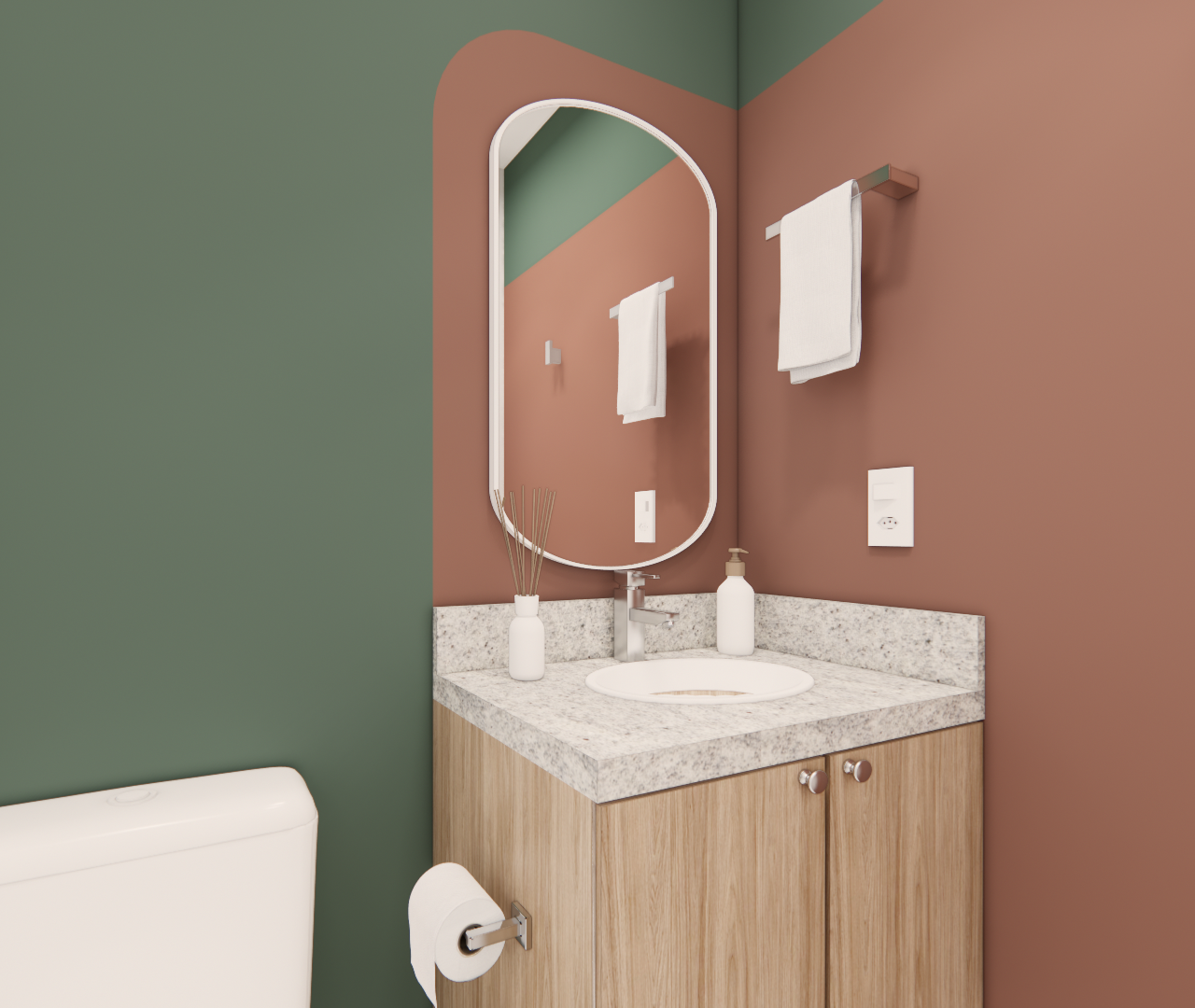 Render 3D de lavabo em SP com paredes verde e terracota, gabinete de madeira, bancada em granilite e espelho orgânico