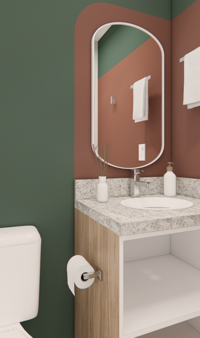 Render 3D de banheiro no projeto LB - GALERIA SP com paredes verde e terracota, espelho curvo e bancada em granito claro