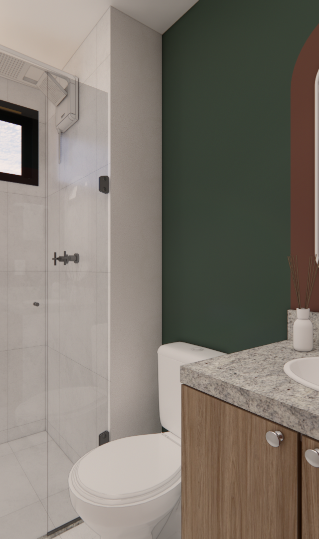 Render 3D de banheiro no LB - GALERIA SP, com paredes verde e terracota, bancada em granito, móvel amadeirado e espelho oval