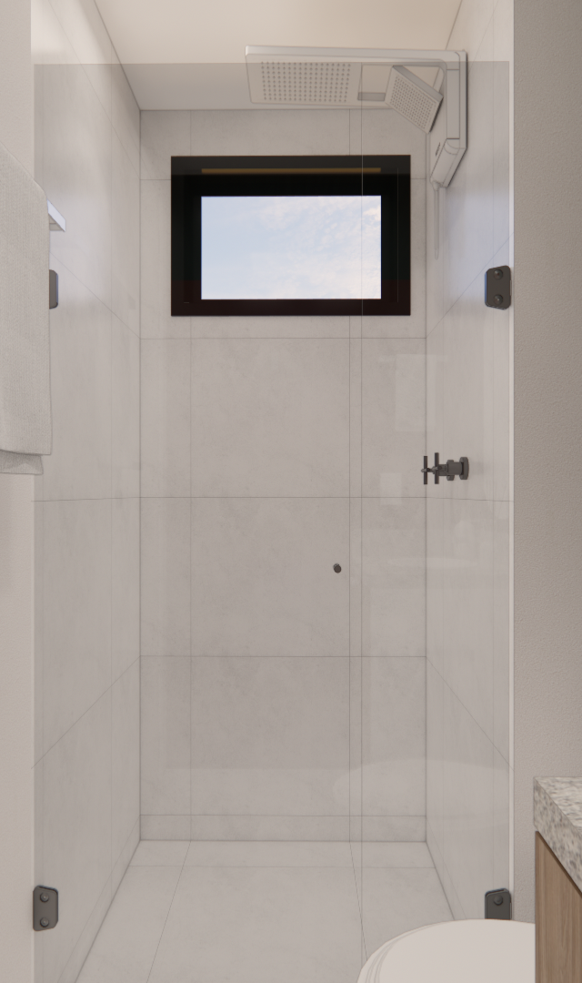 Render 3D de banheiro moderno no LB - GALERIA SP, com box de vidro, paredes claras, detalhes em verde e bancada em granito