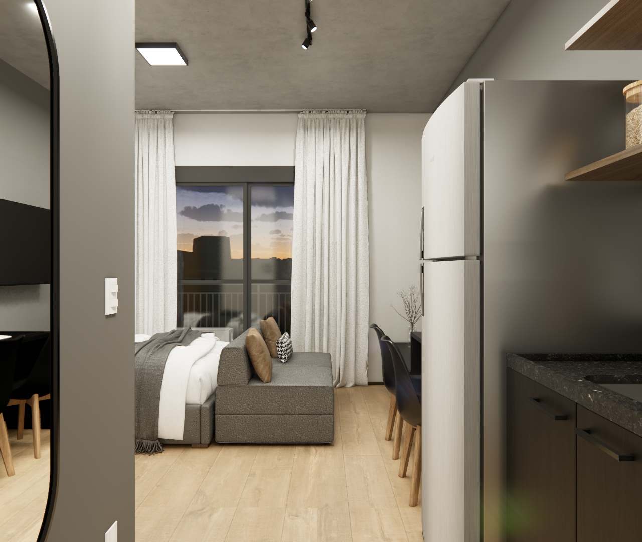 Cozinha com armários cinza, bancada preta, módulos altos e passagem para sofá e bancada de refeições no espaço integrado.