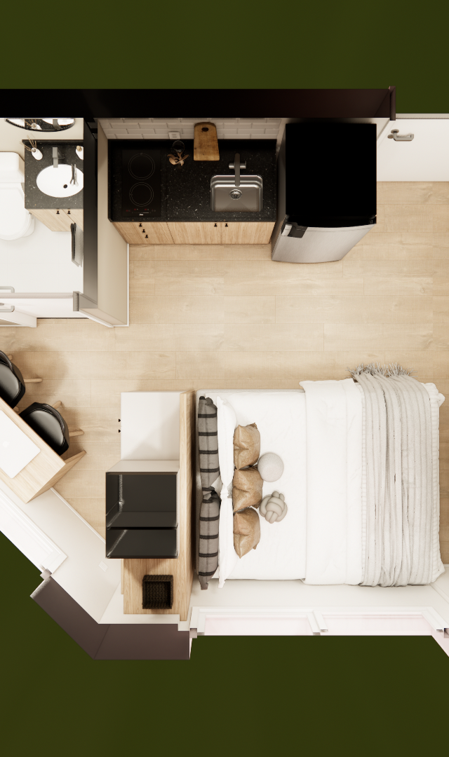 Planta baixa 3D de studio com cozinha linear, cama de casal, bancada de trabalho e banheiro, tons neutros e piso amadeirado