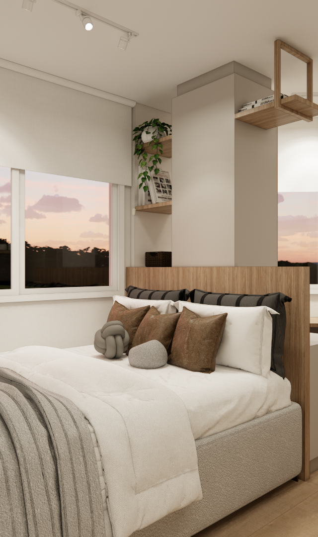 Render 3D de quarto com cama de casal, cabeceira de madeira, mesa de estudo, tons neutros e iluminação focal em São Paulo