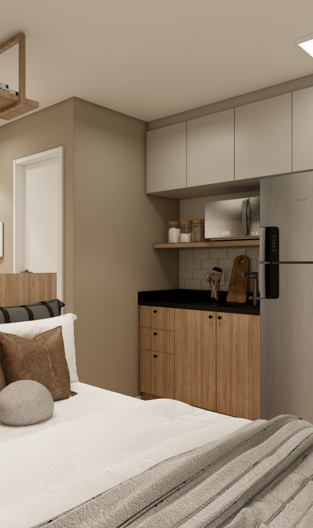 Render 3D de estúdio no Metrocasa República com cama, marcenaria em madeira clara, cozinha cinza e iluminação neutra