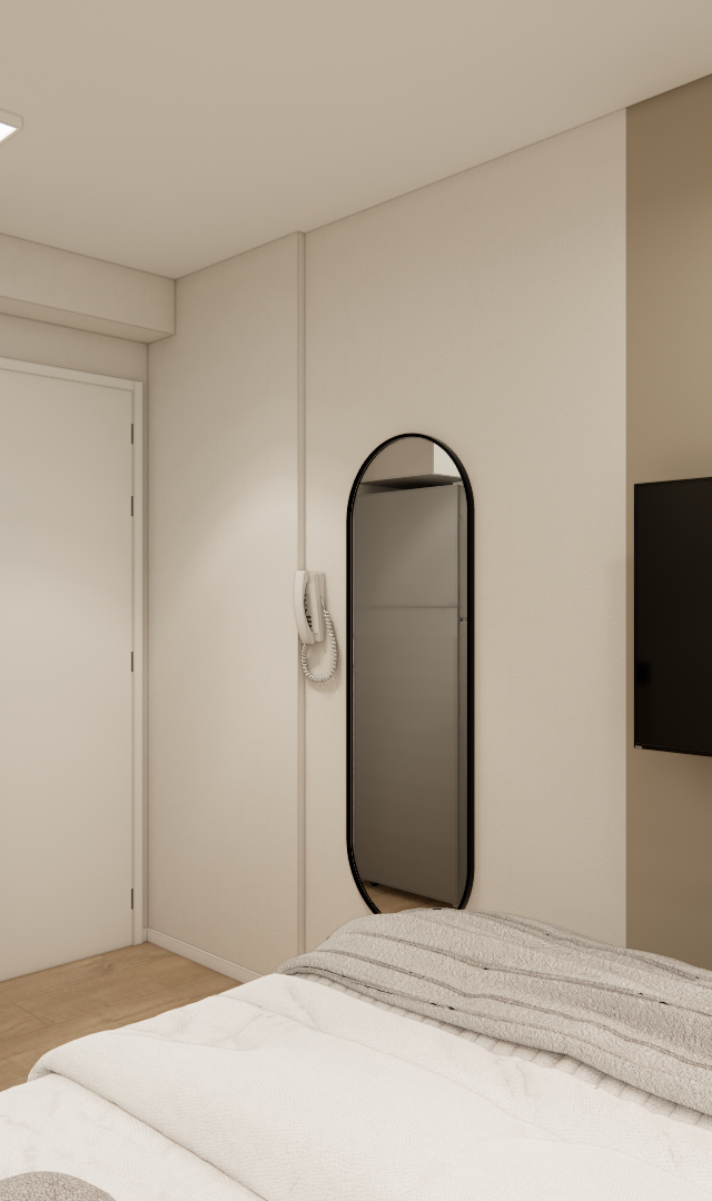 Render 3D de estúdio no Metrocasa República com cozinha compacta, marcenaria em tons neutros, madeira, cama e TV na parede